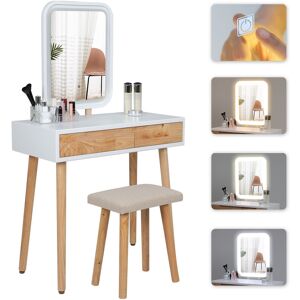 PULUOMIS Dressing Table with led Lights Mirror, Vanity Makeup Table Set with 2 Drawers, Adjustable Brightness Mirror, Cushioned Stool and Free Make-up