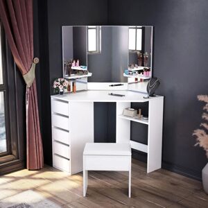 Elegant - White Corner Dressing Table 3 Mirrors 5 Drawers Makeup Desk with Stool Vanity Bedroom Table