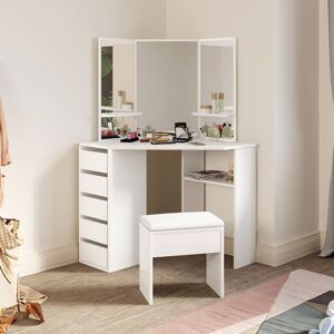 Elegant - Corner Dressing Table Set Makeup Dresser Table with 3 Large Mirrors 5 Drawers Vanity Console Bedroom Modern Furniture, with Stool