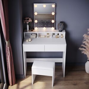 Dressing Table, Vanity Makeup Table with 3 Open Compartments and 2 Drawers, White Dresser Set with Stool + 3 Color led Lights - Elegant