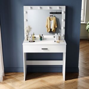 ELEGANT Dressing Table with LED Lights, Vanity Table 3 Color Moder Makeup Mirror with Sliding Drawer, White Single Table