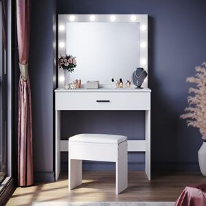 ELEGANT Dressing Table with LED Lights, Vanity Table 3 Color Moder Makeup Mirror with Sliding Drawer, White Set Cushioned Stool included