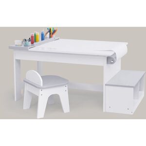 Fantasy Fields by Teamson Kids Little Monet Art Table with Paper Roll Holder, Paint Tray, Storage Hooks, Stool and Bench with Shelves, White/Grey