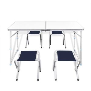 BERKFIELD HOME Foldable Camping Table Set with 4 Stools Height Adjustable 120x60cm