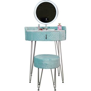 CARME HOME French Riviera Upholstered Velvet Dressing Table with Touch led Mirror Lights Drawer Stool Vanity Table Makeup Bedroom Modern Small Dresser Furniture