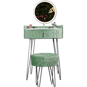 CARME HOME French Riviera Upholstered Velvet Dressing Table with Touch led Mirror Lights Drawer Stool Vanity Table Makeup Bedroom Modern Small Dresser Furniture