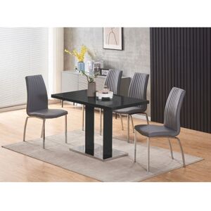 FURNIZONE UK Meridian 4-Seater Black Glass and Black High Gloss Dining Table with 4 Modalux Grey Faux Leather Chairs - Grey