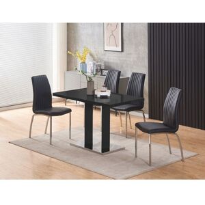 FURNIZONE UK Meridian 4-Seater Black Glass and Black High Gloss Dining Table with 4 Modalux Black Faux Leather Chairs - Black