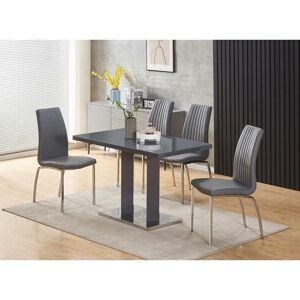 Meridian 4-Seater Grey Glass and Grey High Gloss Dining Table with 4 Modalux Grey Faux Leather Chairs - Grey - Furnizone Uk
