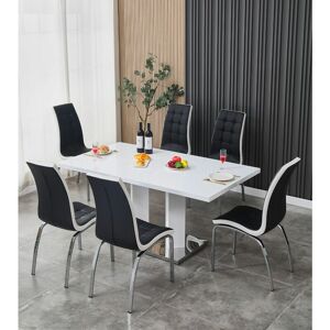 FURNIZONE UK Meridian 6-Seater White High Gloss Dining Table with 6 Vienna Black Faux Leather Chairs - Black