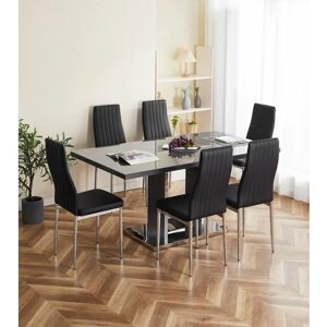 Meridian 6-Seater Grey Glass and Grey High Gloss Dining Table with 6 Monza Black Faux Leather Chairs - Black - Furnizone Uk