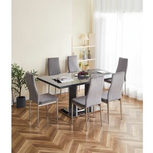 FURNIZONE UK Meridian 6-Seater Grey Glass and Grey High Gloss Dining Table with 6 Monza Grey Velvet Chairs - Grey