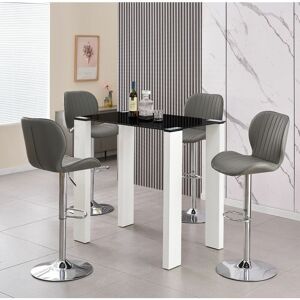 Palermo Black Galaxy Glitter Glass Top and White High Gloss Bar Table with 4 Pompei Grey Faux Leather Bar Stools - Black - Furnizone Uk