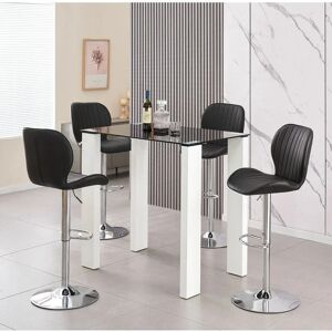 Palermo Black Galaxy Glitter Glass Top and White High Gloss Bar Table with 4 Pompei Black Faux Leather Bar Stools - Black - Furnizone Uk