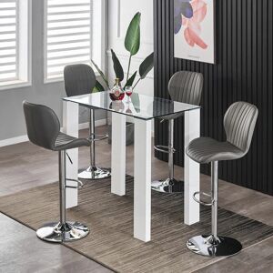 Palermo Clear Glass Top and White High Gloss Bar Table with 4 Pompei Grey Faux Leather Bar Stools - Clear - Furnizone Uk