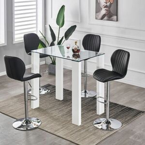 Palermo Clear Glass Top and White High Gloss Bar Table with 4 Pompei Black Faux Leather Bar Stools - Clear - Furnizone Uk