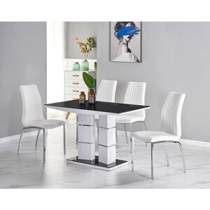 Tivoli Black Glass 4-Seater Dining Table with 4 Modalux White Faux Leather Chairs - White - Furnizone Uk