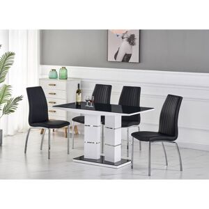 Tivoli Black Glass 4-Seater Dining Table with 4 Modalux Black Faux Leather Chairs - Black - Furnizone Uk