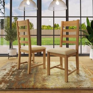 Pair Of Dining Chairs Solid Natural Oak Slat Back - Brown - Fwstyle