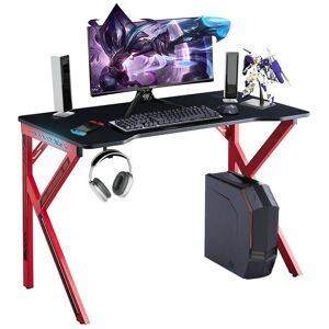 CLIPOP Gaming Desk, K-Shaped Metal Legs Gaming Computer Desk with 7-Color rgb Lighting, Carbon Fiber Table Top, Red