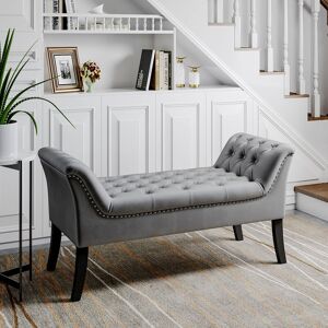 Warmiehomy - Grey Contemporary Velvet Buttoned Bench with Wood Legs