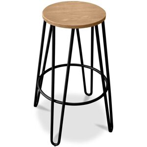 PRIVATEFLOOR Round Stool - Industrial Design - Wood & Metal - 66cm - Hairpin Black Steel, Wood - Black