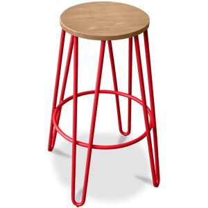 PRIVATEFLOOR Round Stool - Industrial Design - Wood & Metal - 66cm - Hairpin Red Steel, Wood - Red