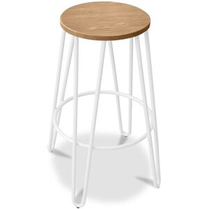 PRIVATEFLOOR Round Stool - Industrial Design - Wood & Metal - 66cm - Hairpin White Steel, Wood - White