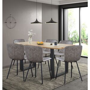 HALLOWOOD FURNITURE Cullompton Large Dining Table and Chairs Set of 6, Live Edge Effect Kitchen Table with U-Shaped Legs, and Grey Faux Leather Chairs, Dining Table Set