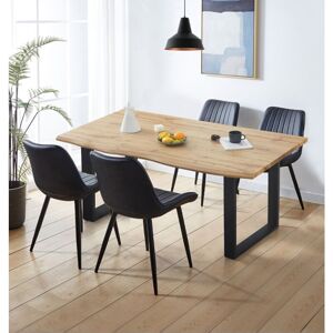 HALLOWOOD FURNITURE Cullompton Large Dining Table and Chairs Set 4, Live Edge Effect Kitchen Table with U-Shaped Legs, and Black Bonded Leather Chair, Dining Table Set