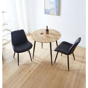 Hallowood Furniture - Cullompton Small Round Dining Table and Chairs Set 2, Wooden Kitchen Table with Oak Effect Top and Black Bonded Leather Chairs,