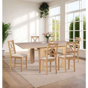 Hallowood Furniture - Newquay Oak Extending Dining Table and Chairs Set 6, Flip Top Extending Table & Cross Back Chairs in Beige Seat Pads, Folding