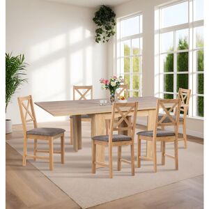 Hallowood Furniture - Newquay Oak Extending Dining Table and Chairs Set 6, Flip Top Extending Table & Cross Back Chairs in Grey Seat Pads, Folding