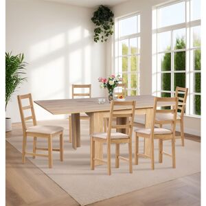 HALLOWOD FURNITURE Hallowood Furniture Newquay Oak Dining Table and Chairs Set 6, Flip Top Extending Table & Ladder Back Chairs, Foldable Table and Chairs with Beige