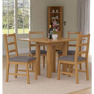 HALLOWOOD FURNITURE Waverly Oak Dining Tables and Chairs Set of 4, Light Oak Small Folding Table and Ladder Back Chair in Grey Fabric Seat, Extendable Table and Chairs