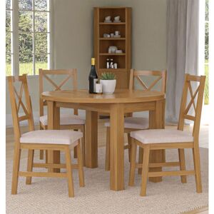 HALLOWOOD FURNITURE Waverly Oak Small Light Oak Dining Table and Chairs Set 4, Round Drop Leaf Dining Table and Cross Back Chairs in Beige Fabric Seat, Home and Café