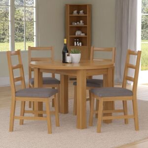 HALLOWOOD FURNITURE Waverly Oak Small Light Oak Dining Table and Chairs Set 4, Round Drop Leaf Dining Table and Ladder Back Chairs in Grey Fabric Seat, Home and Café