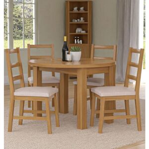 HALLOWOOD FURNITURE Waverly Oak Small Light Oak Dining Table and Chairs Set 4, Round Drop Leaf Dining Table and Ladder Back Chairs in Beige Fabric Seat, Home and Café