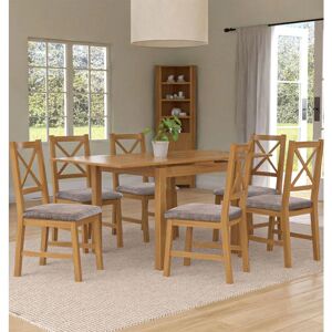 HALLOWOOD FURNITURE Waverly Extending Dining Table and Chairs Set 6, Small Kitchen Table in Light Oak and Cross Back Oak Chairs with Grey Fabric Seat for Dining Room and