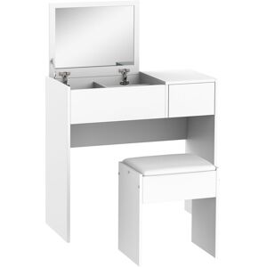 Dressing Table Set Cushioned Stool Flip-up Mirror Drawer Chipboard White - White - Homcom