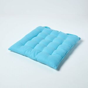 Homescapes - Light Blue Plain Seat Pad with Button Straps 100% Cotton 40 x 40 cm