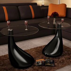 Coffee Table 2 pcs with Round Glass Top High Gloss Black VD08164 - Hommoo