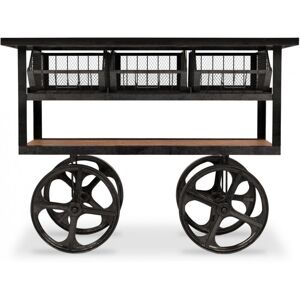 PRIVATEFLOOR Industrial Style Trolley Table Black Iron, Wood, Metal, Wood - Black