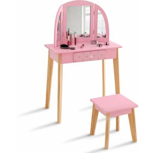 COSTWAY Kids Dressing Table and Stool Set Girls Vanity Table with Tri-Folding Mirror