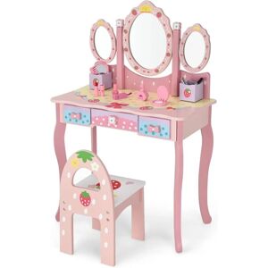 Costway - Kids Vanity Table and Chair, Girls Dressing Table with Tri-Folding Mirror, Drawers and Storage Boxes, Cute Playroom Bedroom Furniture for