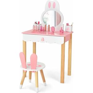 COSTWAY Kids Dressing Table,60cm x 34cm x 103cm, Girls Vanity Tables with Stool, Removable Mirror, Drawers, Storage Boxes and Accessories, Cute Makeup Table