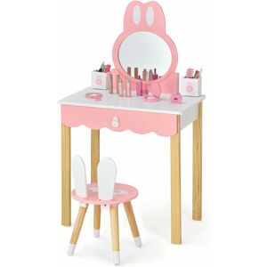 COSTWAY Kids Dressing Table,60cm x 34cm x 103cm, Girls Vanity Tables with Stool, Removable Mirror, Drawers, Storage Boxes and Accessories, Cute Makeup Table