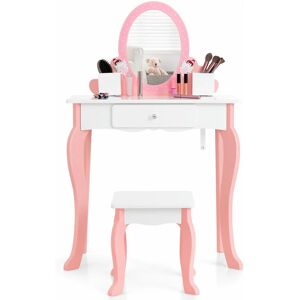 COSTWAY Kids Vanity Table and Stool Set 2-in-1 Children Wooden Vanity Set with Mirror