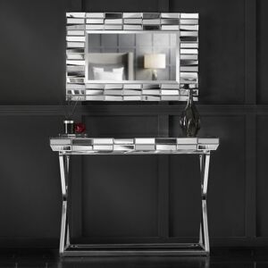 CARME HOME 2-Piece Set Knightsbridge Collection - Rectangle 3D Glass Effect Wall Mirror and Mirrored Console Table with Chrome Cross Legs - Grey Silver - Grey