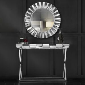 CARME HOME 2-Piece Set Knightsbridge Collection - Round 3D Glass Effect Wall Mirror and Mirrored Console Table with Chrome Cross Legs - Grey Silver - Grey